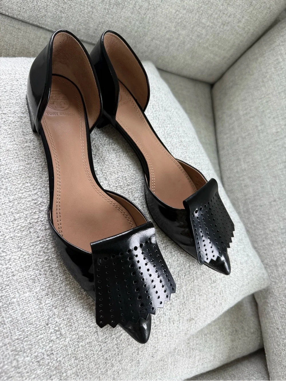 Tory Burch Black Patent Pointed D'Orsay Flats with Kiltie